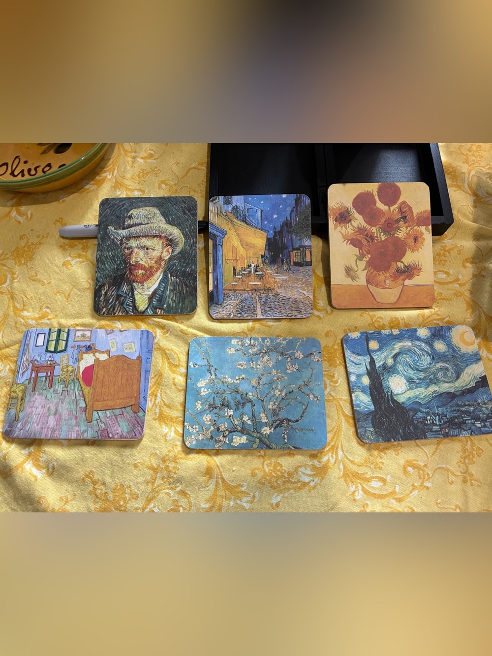 Vintage 1990s Van Gogh 6 Wood Coasters in Black Wood Box. New.